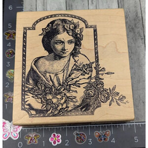 Magenta Lady Woman Flowers Ivy Leafy Headband Rubber‎ Stamp Wood #F1